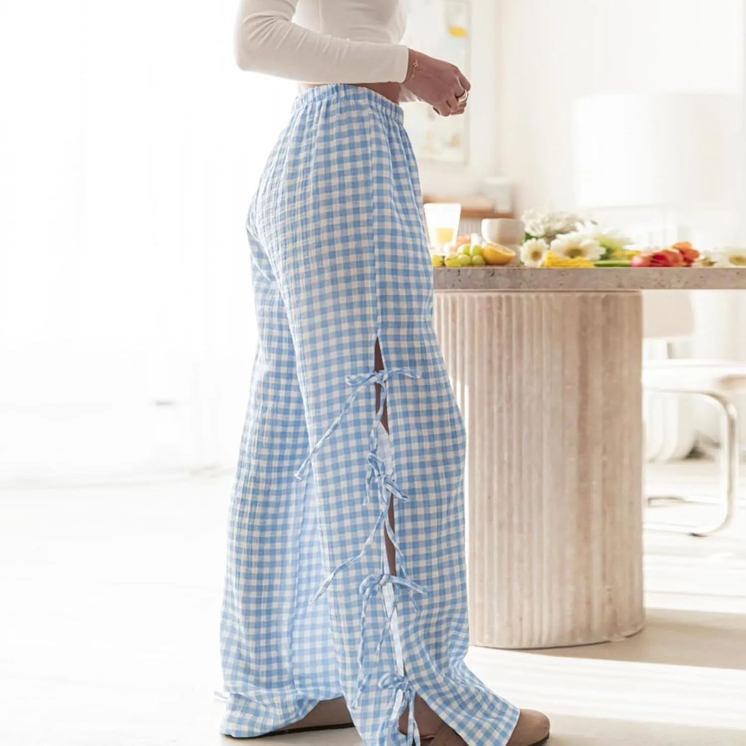 Y2K Gingham Pants for Women Bow Tie Side Slit Wide Leg Lounge Bottom Plaid Checkered Loose Fit Going Out Pants