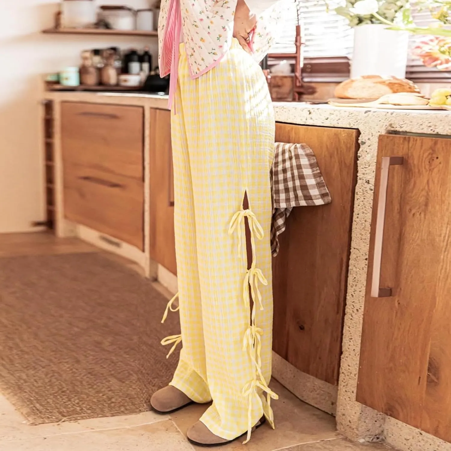 Y2K Gingham Pants for Women Bow Tie Side Slit Wide Leg Lounge Bottom Plaid Checkered Loose Fit Going Out Pants