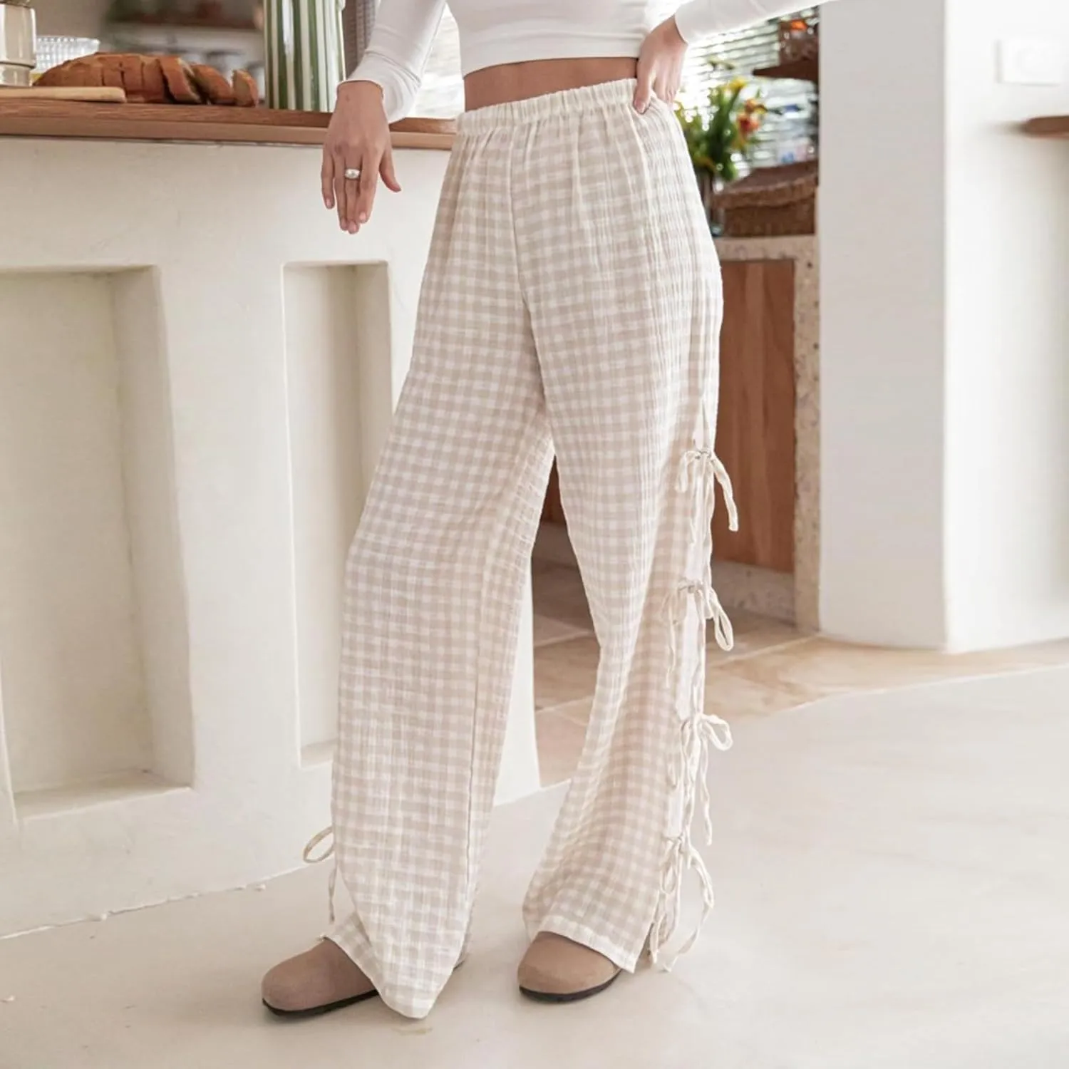 Y2K Gingham Pants for Women Bow Tie Side Slit Wide Leg Lounge Bottom Plaid Checkered Loose Fit Going Out Pants