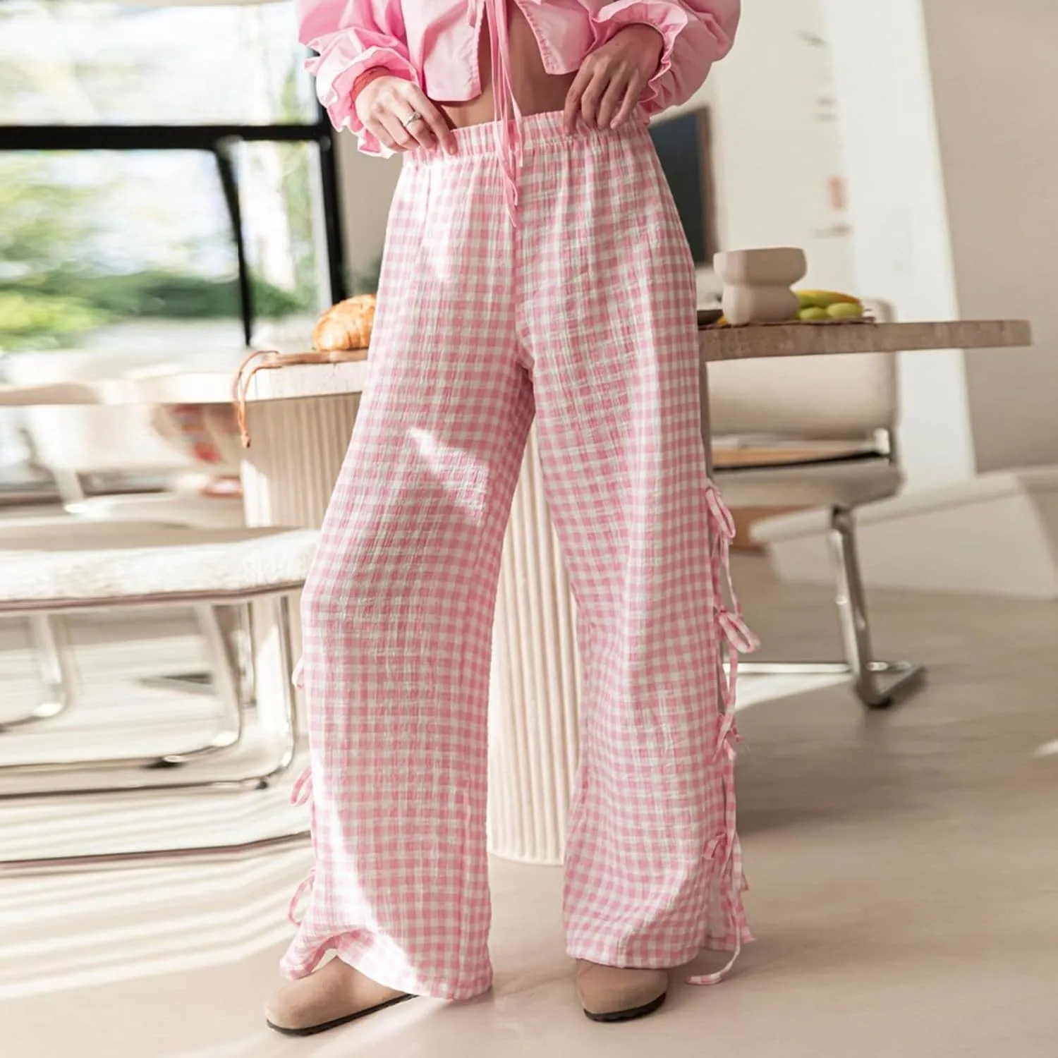 Y2K Gingham Pants for Women Bow Tie Side Slit Wide Leg Lounge Bottom Plaid Checkered Loose Fit Going Out Pants