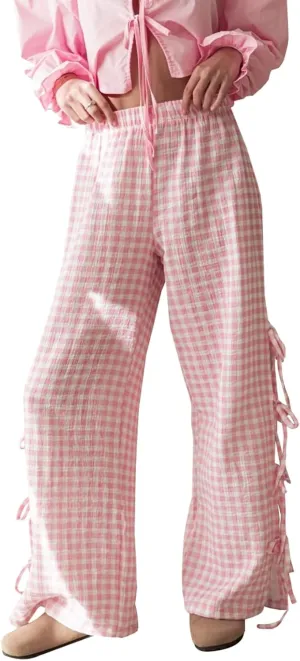 Y2K Gingham Pants for Women Bow Tie Side Slit Wide Leg Lounge Bottom Plaid Checkered Loose Fit Going Out Pants