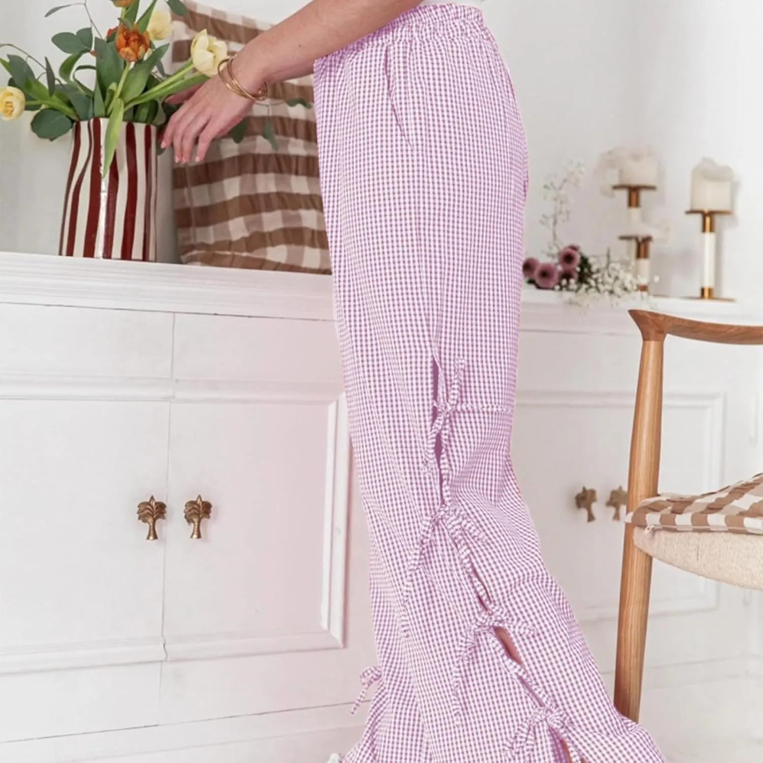 Y2K Gingham Pants for Women Bow Tie Side Slit Wide Leg Lounge Bottom Plaid Checkered Loose Fit Going Out Pants