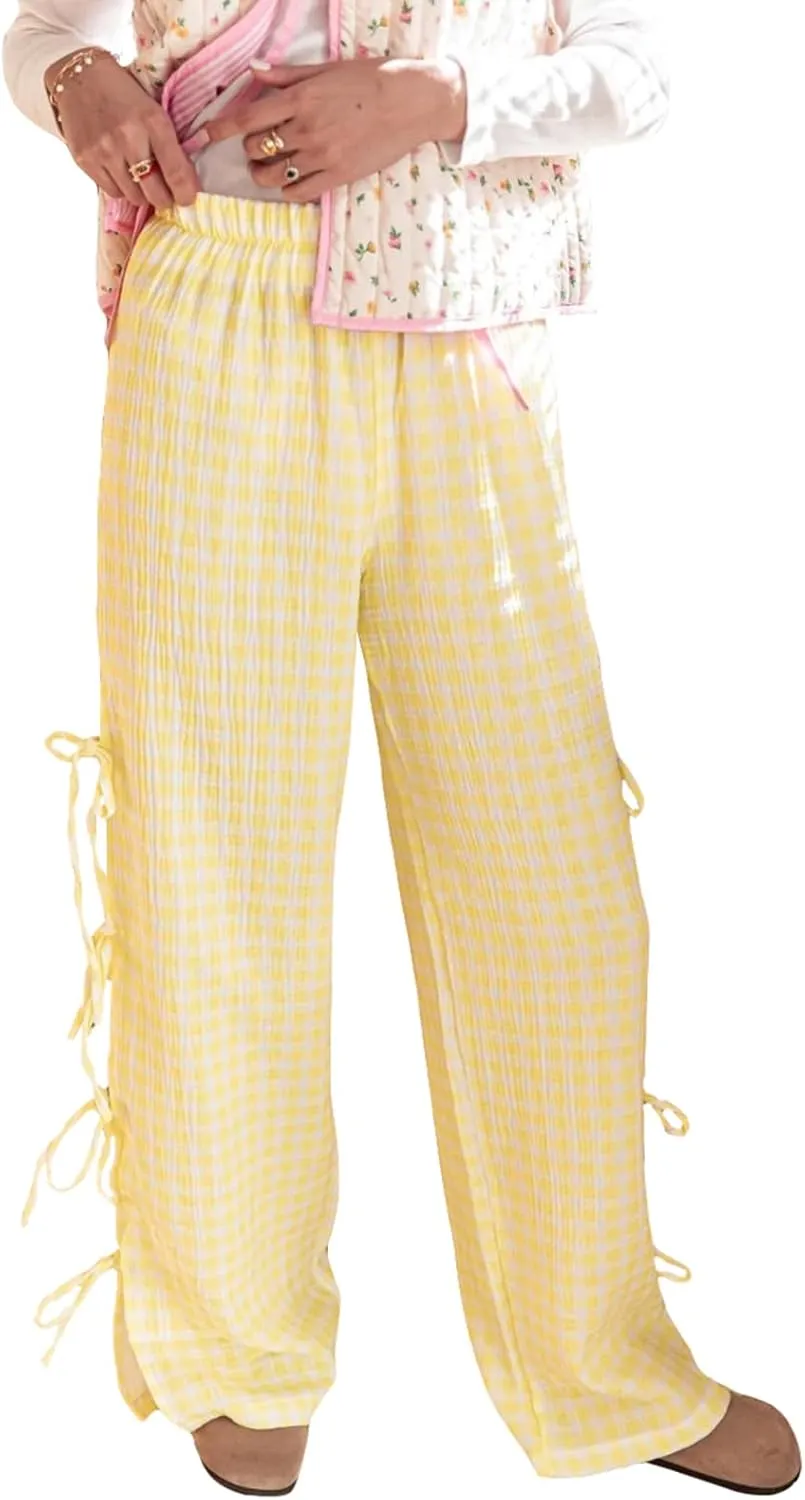 Y2K Gingham Pants for Women Bow Tie Side Slit Wide Leg Lounge Bottom Plaid Checkered Loose Fit Going Out Pants