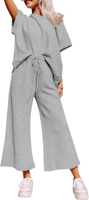 YKR Lounge Sets for Women 2 Piece Outfits Knit Short Sleeve Pullover Tops and Wide Leg Pants Summer Lounge Sets 2024
