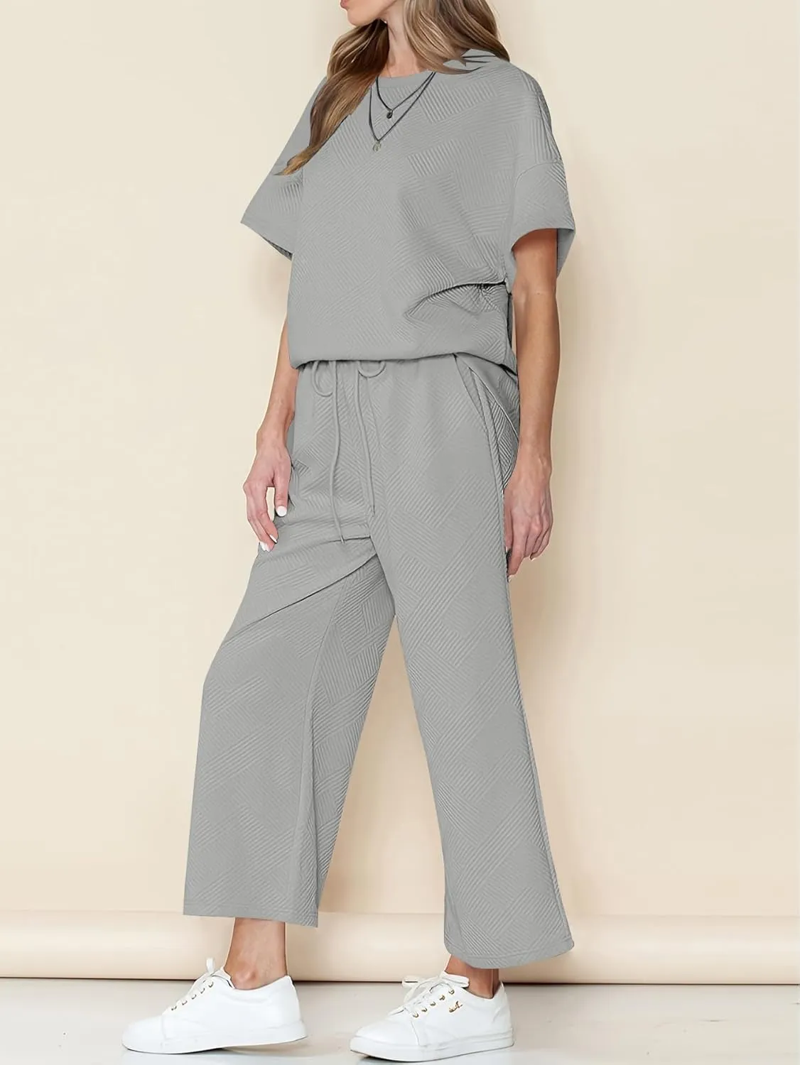 YKR Lounge Sets for Women 2 Piece Outfits Knit Short Sleeve Pullover Tops and Wide Leg Pants Summer Lounge Sets 2024