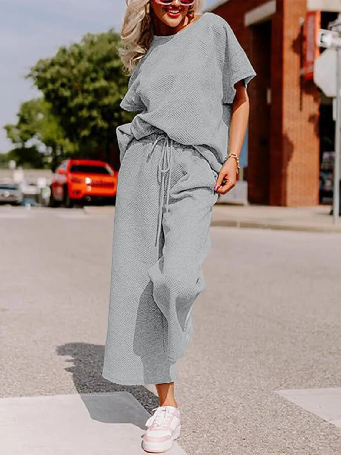 YKR Lounge Sets for Women 2 Piece Outfits Knit Short Sleeve Pullover Tops and Wide Leg Pants Summer Lounge Sets 2024