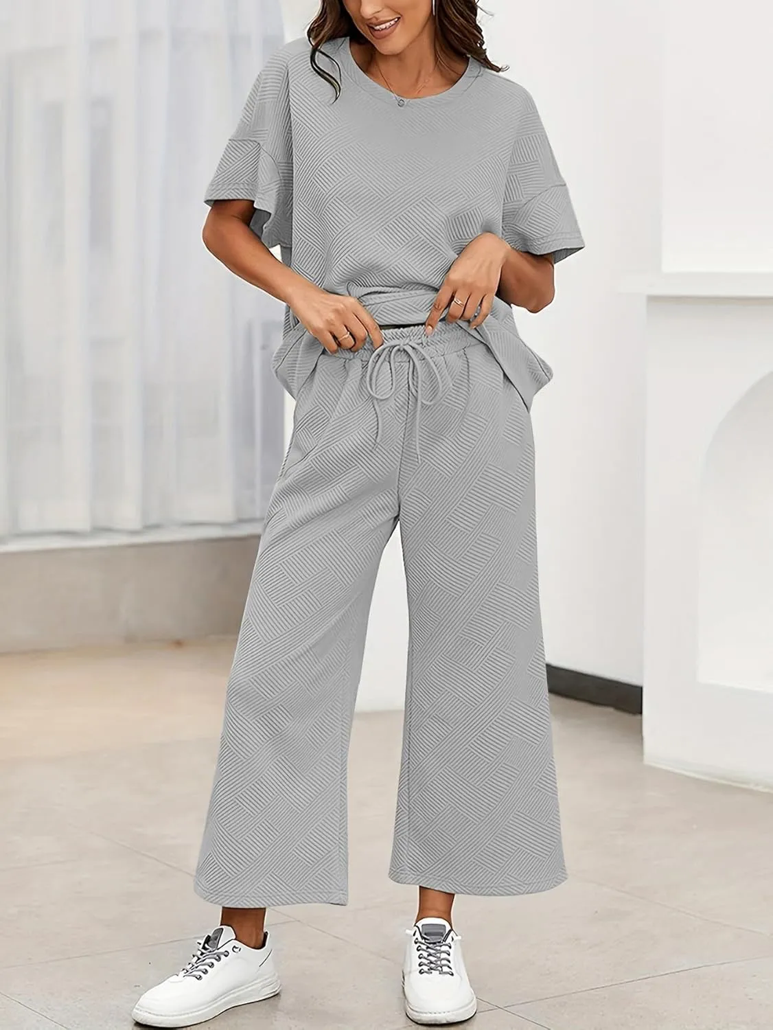 YKR Lounge Sets for Women 2 Piece Outfits Knit Short Sleeve Pullover Tops and Wide Leg Pants Summer Lounge Sets 2024
