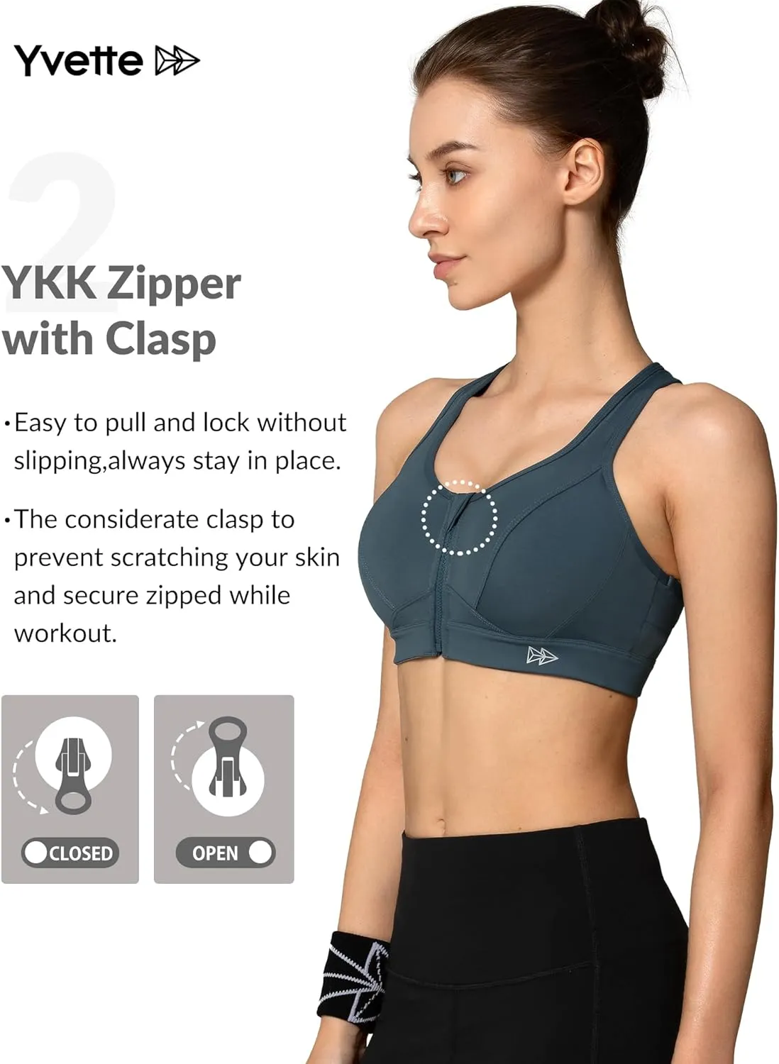 Yvette Zip Front Sports Bra - High Impact Sports Bras for Women Plus Size Workout Fitness Running