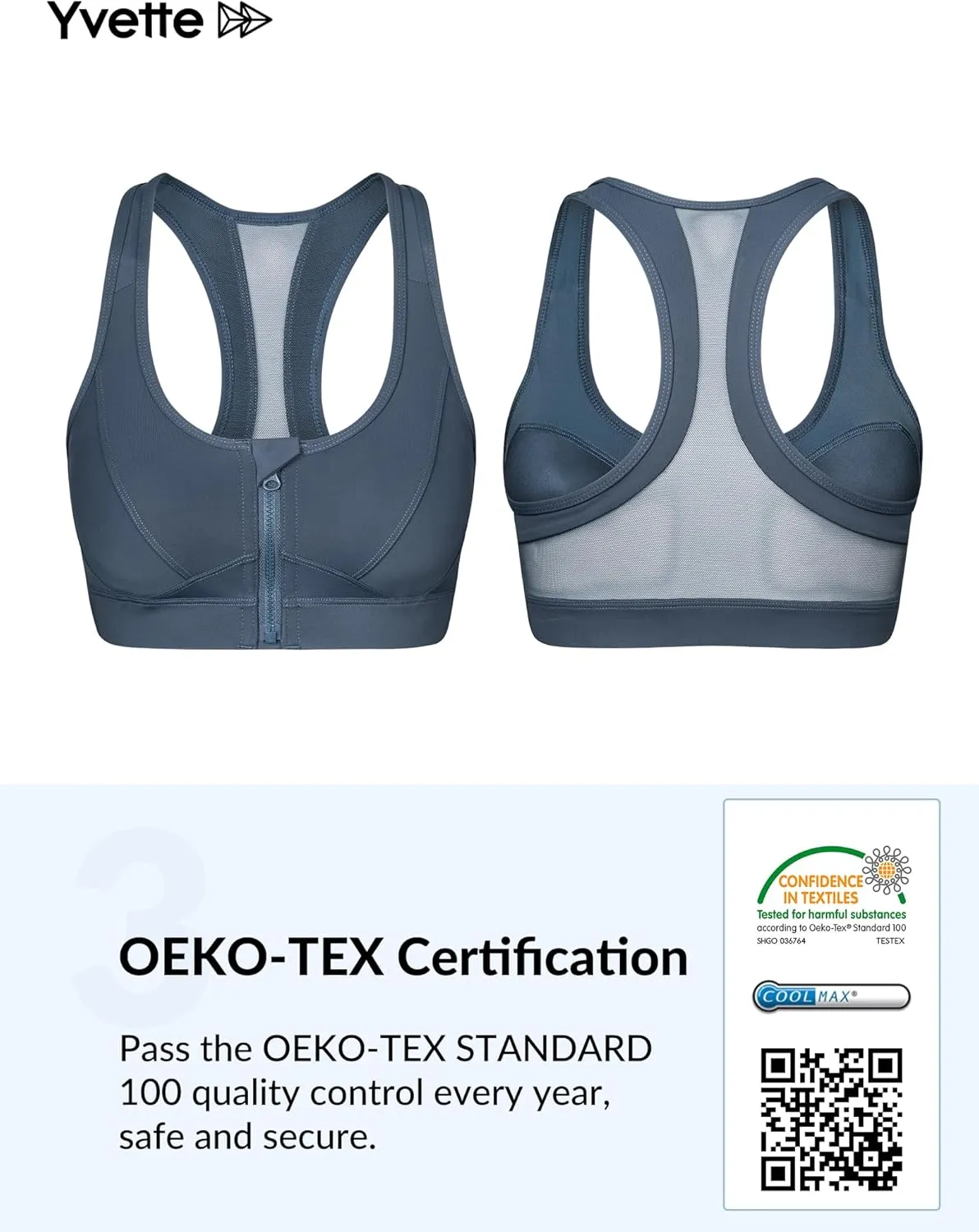 Yvette Zip Front Sports Bra - High Impact Sports Bras for Women Plus Size Workout Fitness Running
