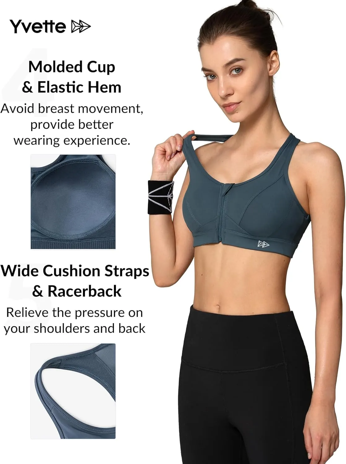 Yvette Zip Front Sports Bra - High Impact Sports Bras for Women Plus Size Workout Fitness Running